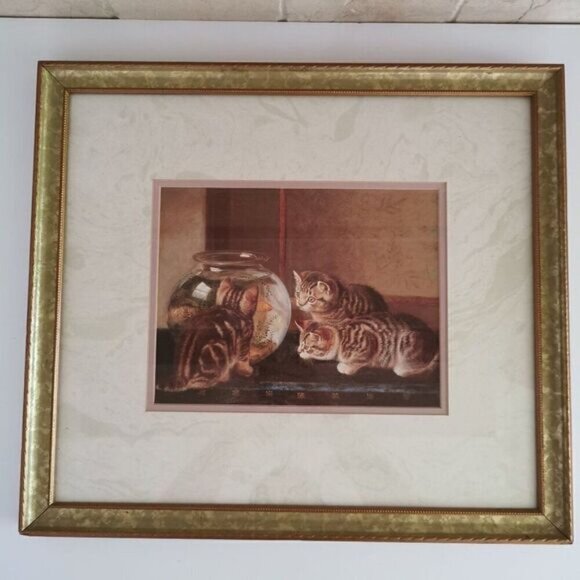 Vintage Curious Kittens Framed Print 15.5" x 17.5" Couldery Art "Fishing Party" - Picture 2 of 10